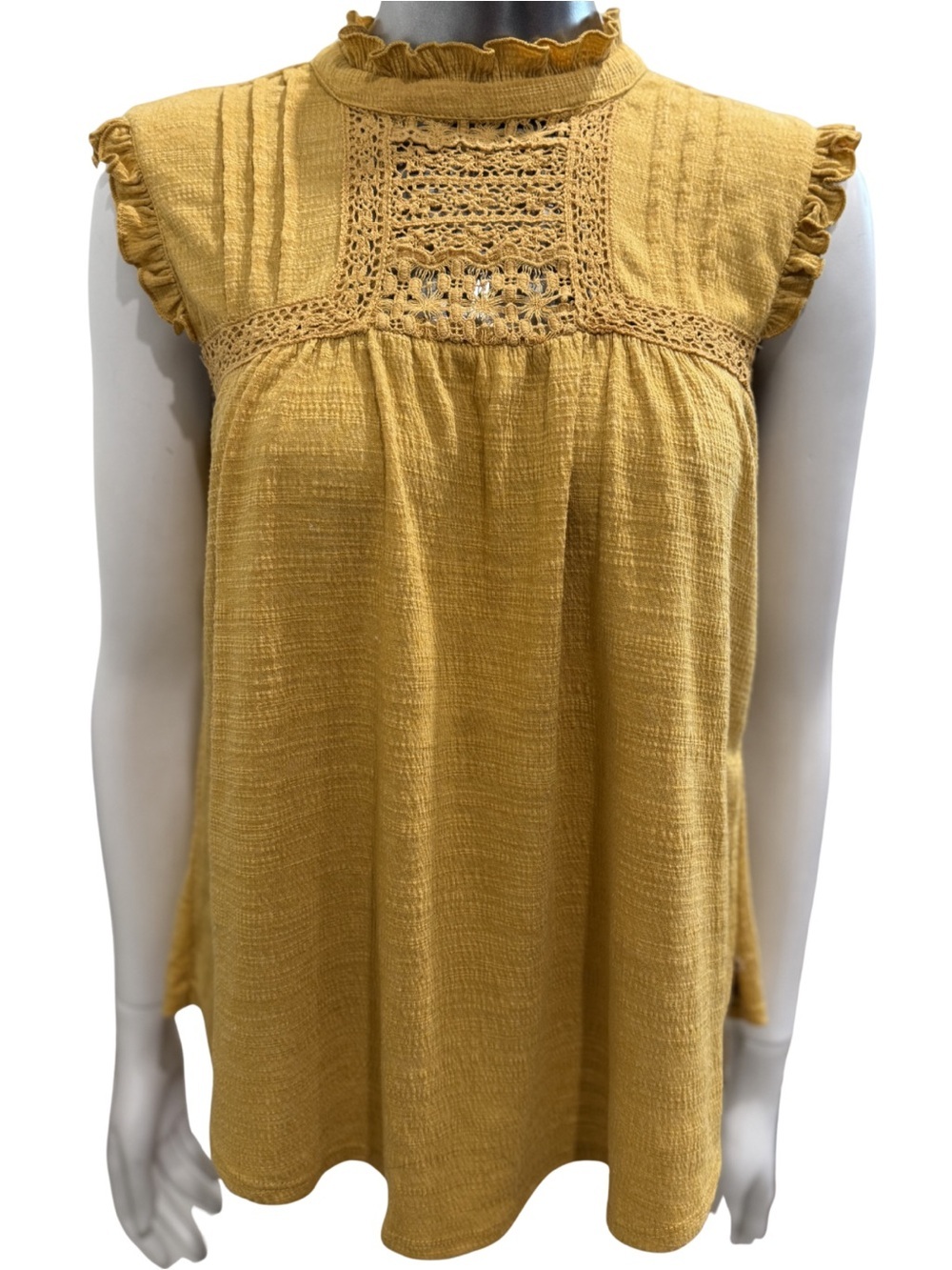 Cable & Gauge Mustard Crochet Mock Neck Boho Top Large - Picture 2 of 6